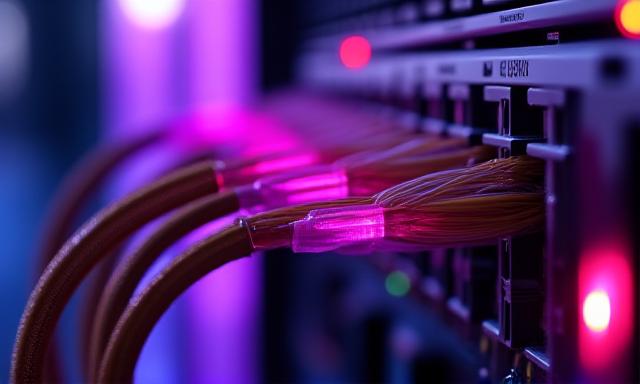 Close up of high-speed fiber optic cables in a professional server room