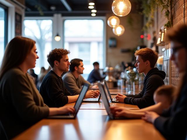 A vibrant New York bistro with patrons using high-speed Wi-Fi