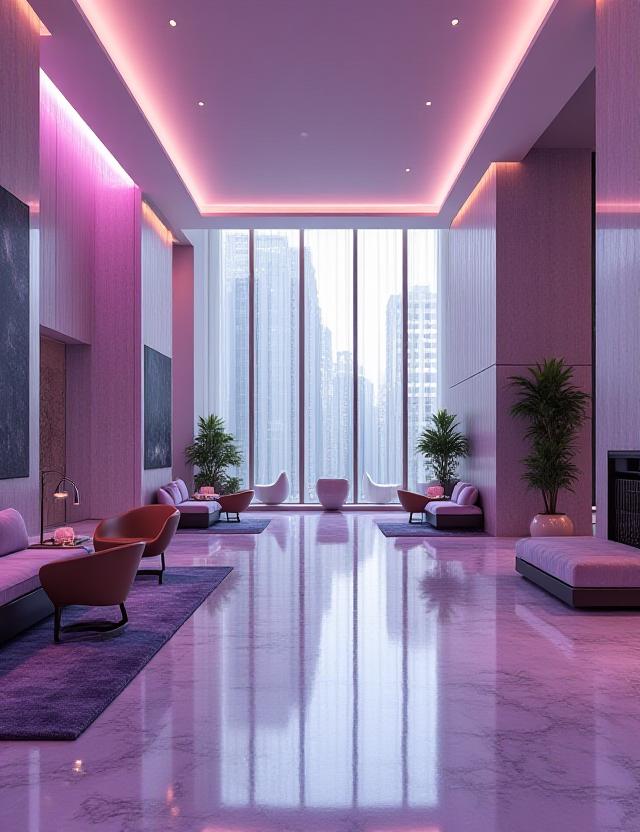 A modern and sophisticated New York hotel lobby with integrated technology